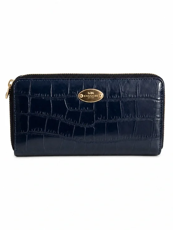 Coach Navy Croc Embossed Leather Zip Around Continental Wallet