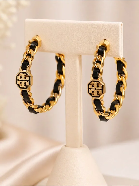 NWOT Tory Burch Gold Black Chain Hoop Earrings