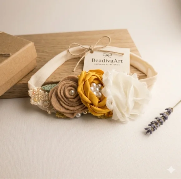 New Born Photography Handmade Floral Headband With Lace And Beads For Baby🎀✨
