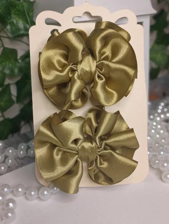 Pair Of Voluminous Olive Green Pompom Hair Bows For Girls.🎀✨