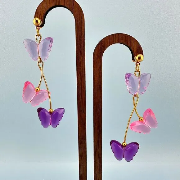 Vintage Butterfly Dangle Earrings Pink Purple Lucite Gold Tone Pierced Signed