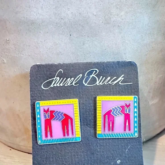 Laurel Burch Hieroglyphic Cat Vintage 1980’s Earrings & Cat Pin- See Description