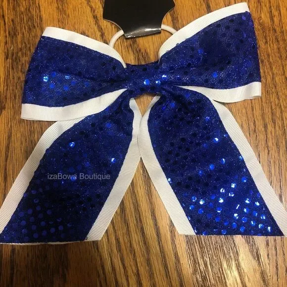 White & Blue Sequin Cheer Bow   (2)  SCBLU  Handmade NWT Boutique