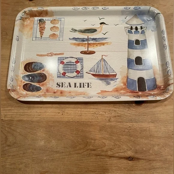 Signed Alie Kruse Kolk Melamine Nautical  Lighthouse Beach Tray Coastal 18x12