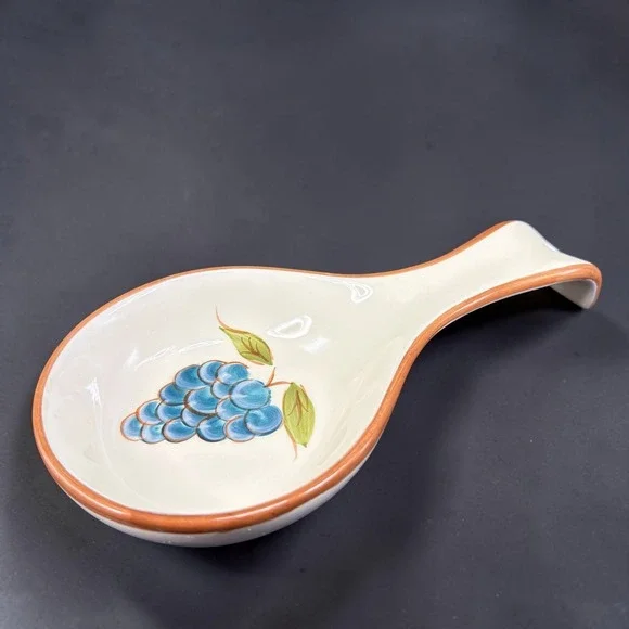 Around the Orchard HOME Ceramic Spoon Rest Blue Grapes Hand Painted Cream 8 Inch