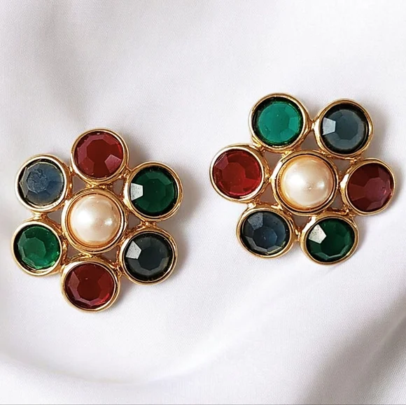 Vintage Monet Faceted Red Blue Green Glass Faux Pearl Round Flower Post Earrings