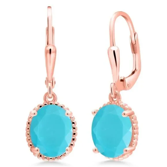 18K Rose Gold 925 with 3.00 Cttw Blue Turquoise Oval Leverback Hook Earrings