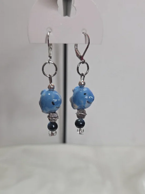 Handcrafted White Blue Fish Pierced Earrings Silver Lever Back Handmade Unique