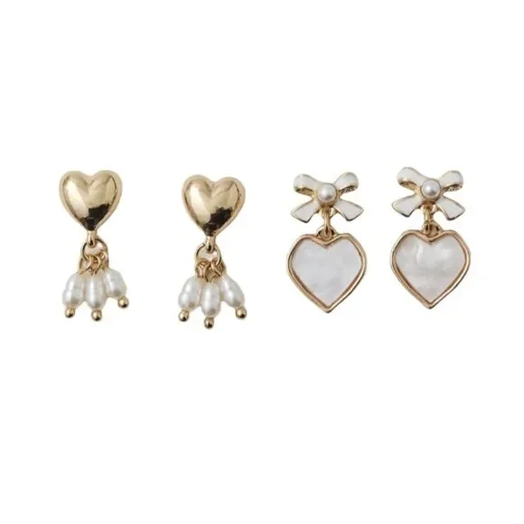 UO | Pearl Bow Heart Delicate Earring Set