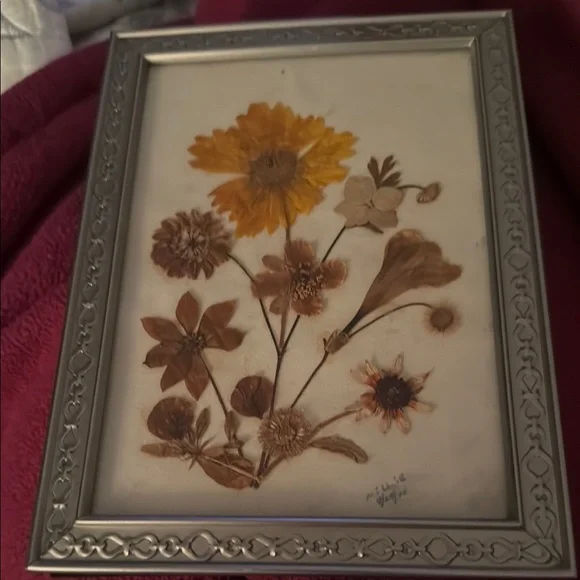 Silver colored frame Yellow brown pressed flowers  Picture Frame Accents