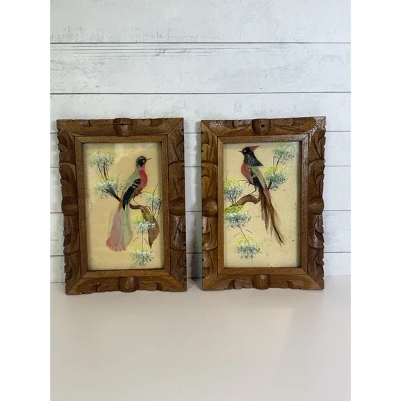Vintage Set of 2 Feather Bird Art Pictures Carved Wood Frames Mexico