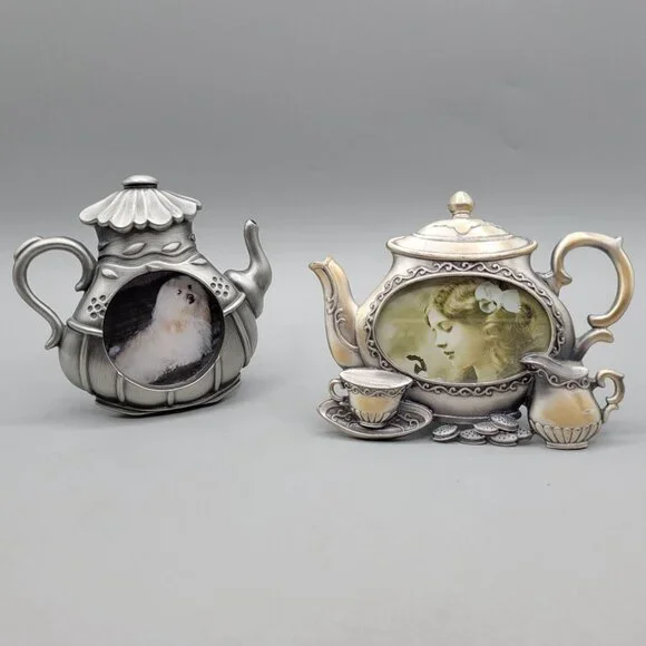 Teapot Shaped Miniature Photo Frames Victorian Style Design Metal Set of 2