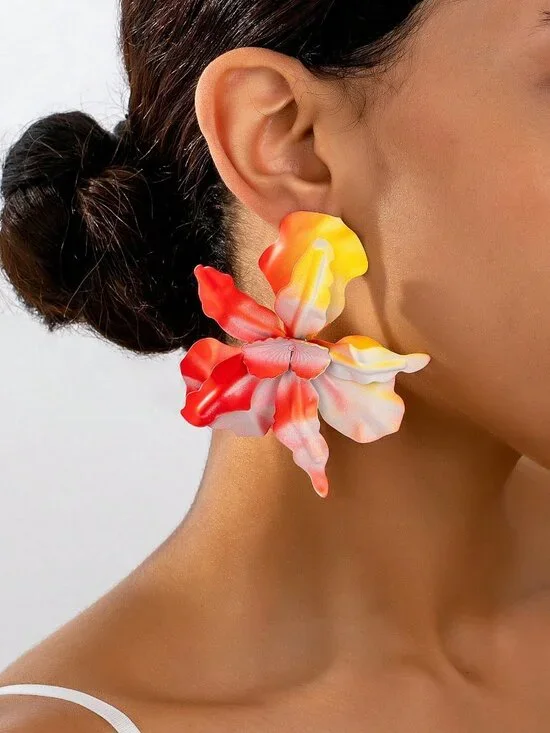 Orange Boho Women's Vacation Style Metal Flower Pendant Earrings