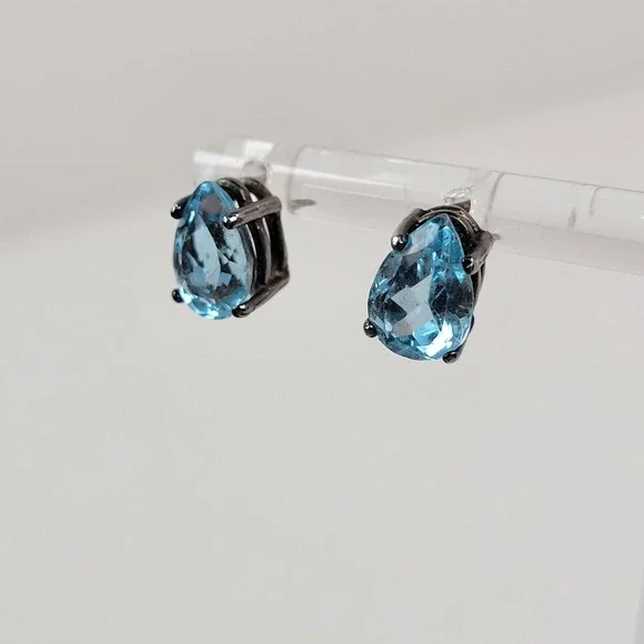 925 Sterling Blue Spinel Stud Earrings Pear Cut Light‎ Blue 9mm