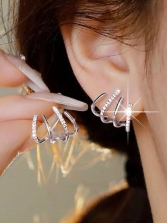 💞 New 4-Row Silver Cubic Zirconia Ear Cuff Pierced Earrings
