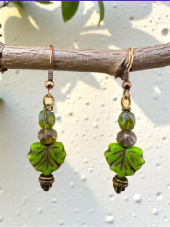 Green Maple Leaf Earrings Czech Glass Botanical Cottagecore Copper Dangle 2