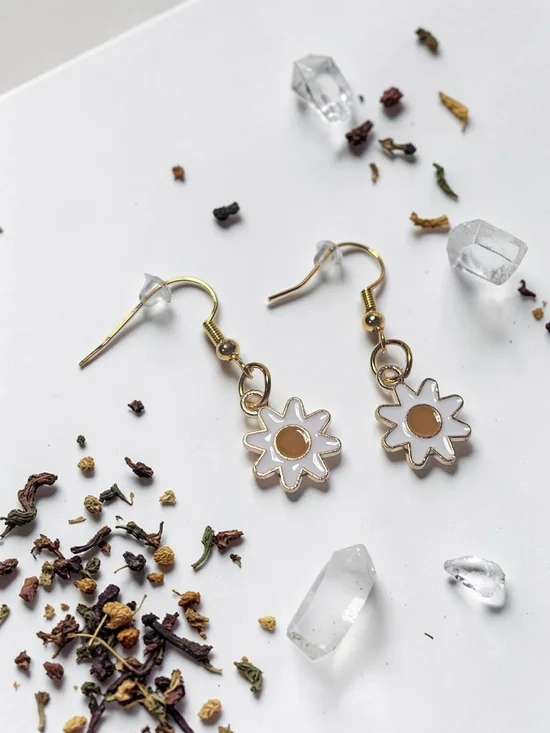 Gold Daisy Drop Earrings with White Enamel