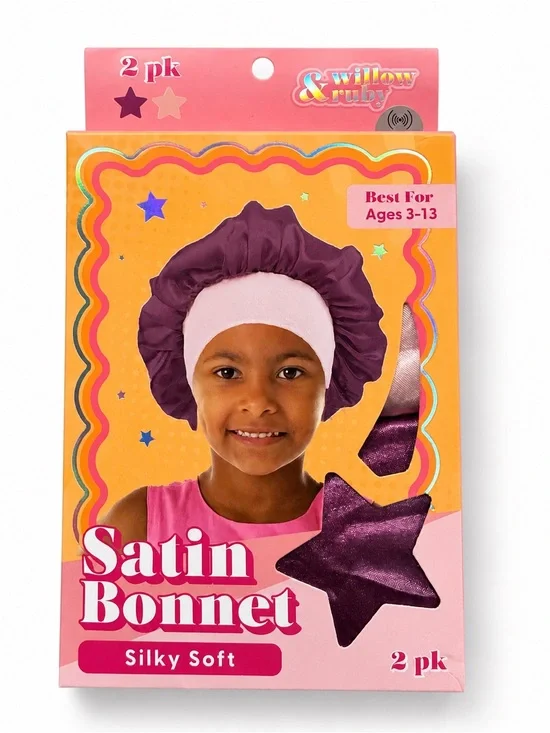 Willow & Ruby Satin Bonnet for Kids - Purple & Pink (2 Pack) Sleep Cap Ages 3-13