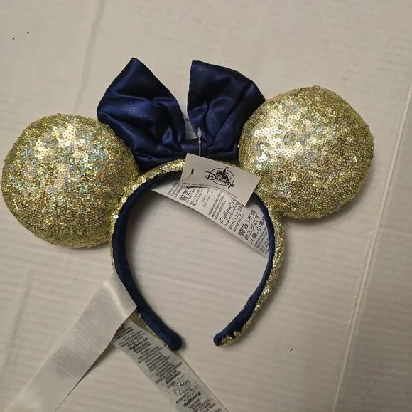 Disney Glittering Gold 50th Anniversary Ears with Navy Bow