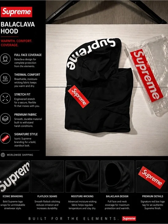 Supreme Black Balaclava Hood with Red Logo
