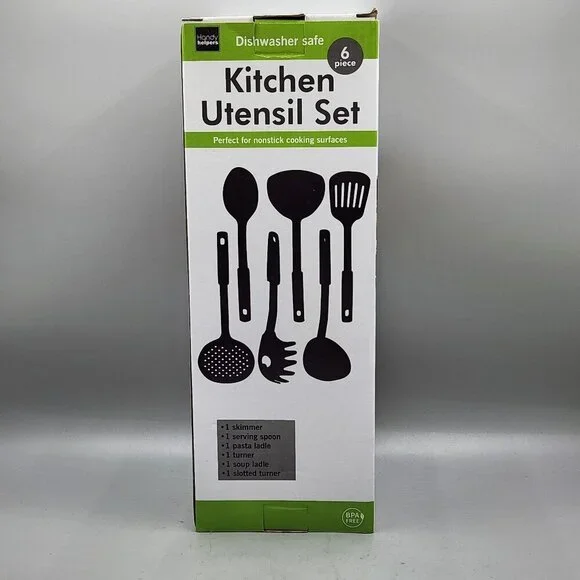 New 6 Piece Kitchen Utensil Set Plastic Nylon Non Scratch Cooking Black