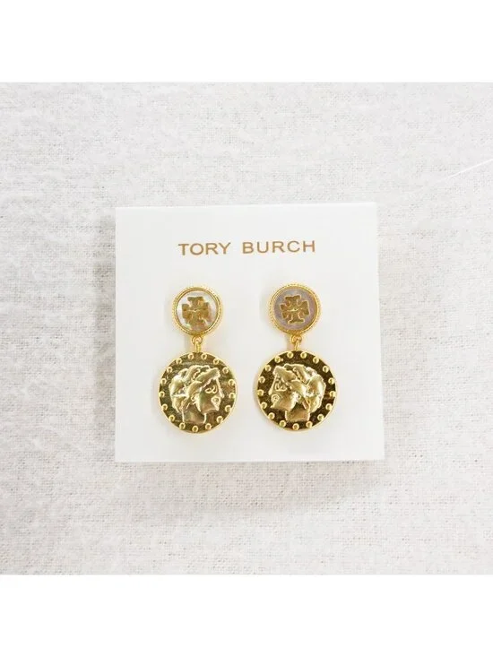 Tory Burch Mother of Pearl Logo Coin Medallion Drop Earrings New Ivory/Tory Gold