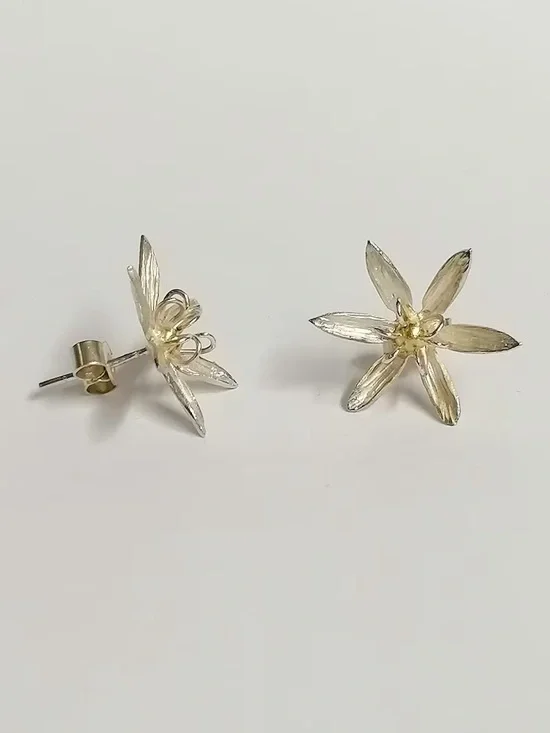 Sterling Silver Floral Stud Earrings - Silver and Gold Two-Tone