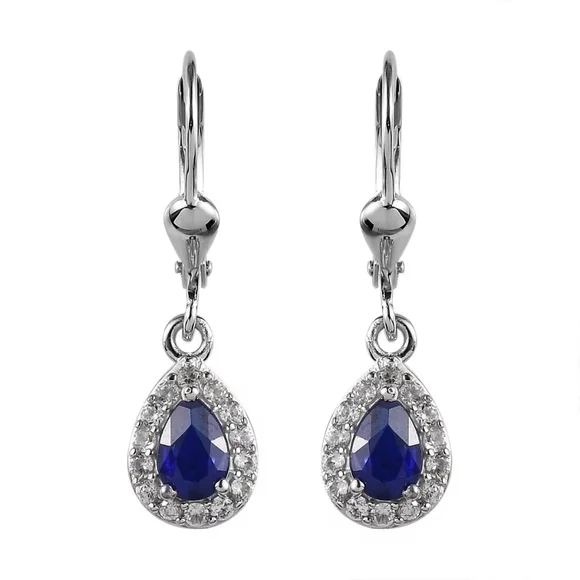 Natural Blue Spinel & White Zircon Halo Dangle Earrings In 925 Sterling Silver