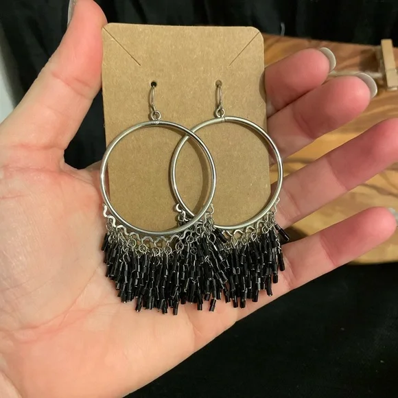 Chic Silver and Black Fringe Hoop Earrings