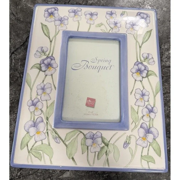 Russ Handpainted Porcelain Picture Frame Spring Bouquet Violets Flowers 4X6 VTG