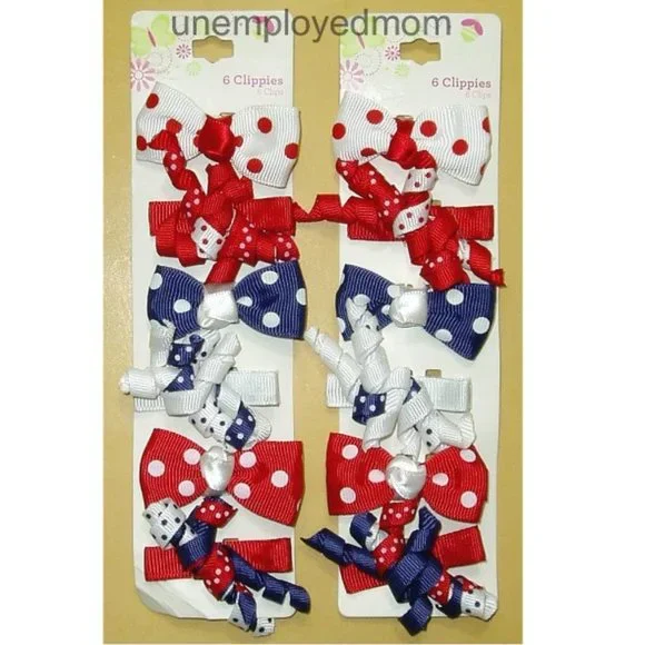 Alligator Hair Bow Clip 12 pc Clippies Girls Age 3 & up Red White Blue Polka Dot