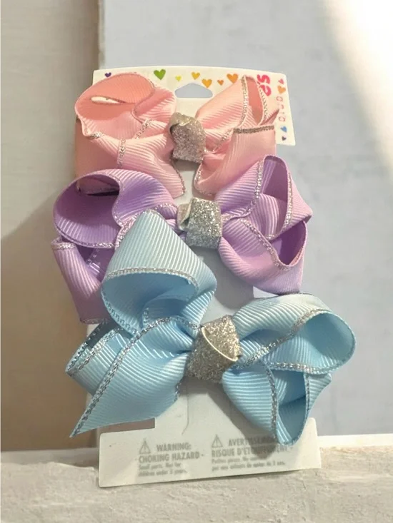 Kids Sparkle Ribbon Hair Bows - Pastel Pink, Lavender, Blue 1027