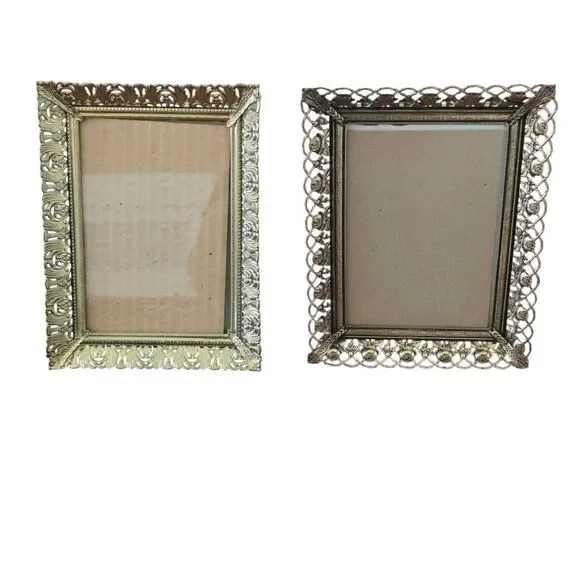 Vintage Ornate Brass Photo Frame Set Gold Tone MCM Filigree‎ Flowers Easel