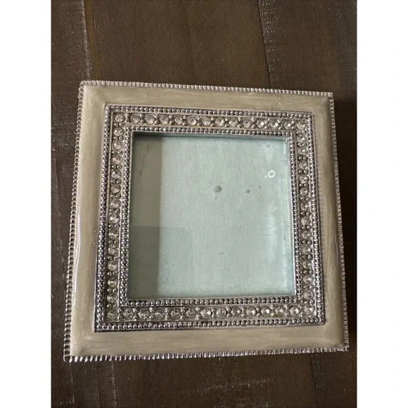 Vintage Enamel Sage Green Metal Picture Frame Rhinstone Border  3x3