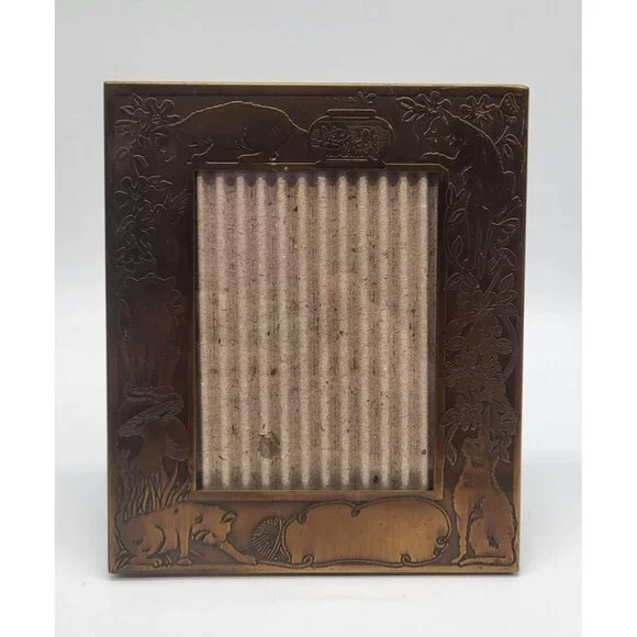 Vintage Brass Photo Frame Cats Mushrooms Floral Art Nouveau 3