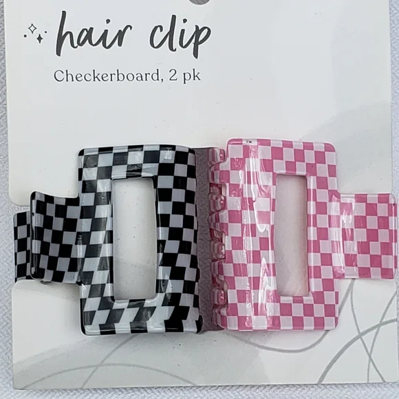 Checkerboard Hair Clip Duo - Black and Pink