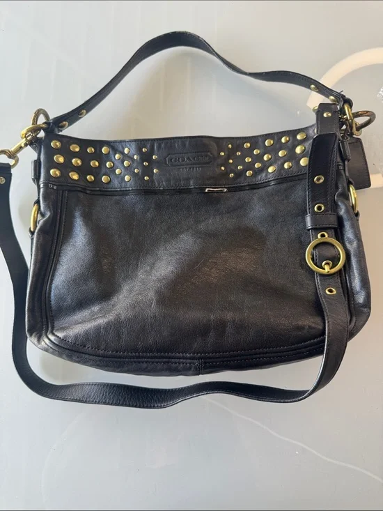 Coach Zoe Black Leather Shoulder Bag with Gold Studs