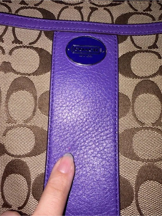 Coach Tan Signature Crossbody with Purple Leather Trim