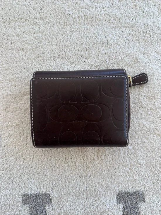 Embossed Dark Brown Leather Zip Wallet coach vintage