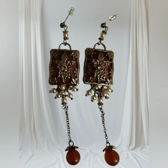 NWT Long Pierced Earrings with faux pearls and brown beads NWOT