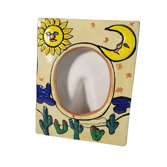 Mexican clay moon sun and cactus picture frame