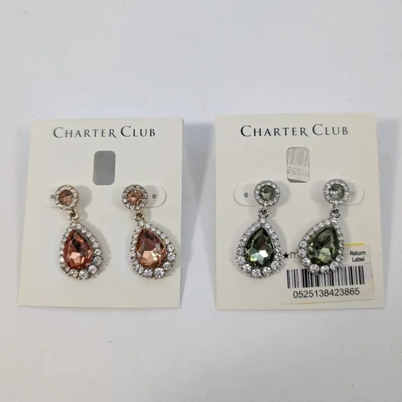 Lot o f 2 Charter Club Crystal Teardrop Drop Earrings Amber & Green -‎ NEW