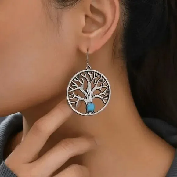 Boho Silver Tree Of Life Inlaid Turquoise Dangle Earrings