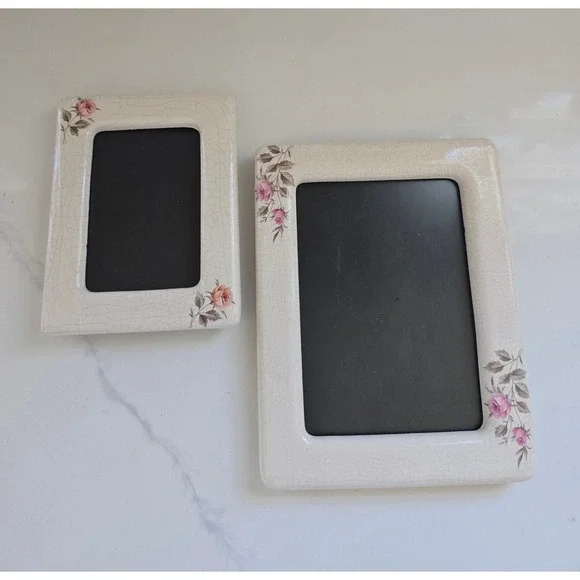 Vintage Crackle Glaze Ceramic Rose Floral Picture Frame Set of 2 Shabby Chic