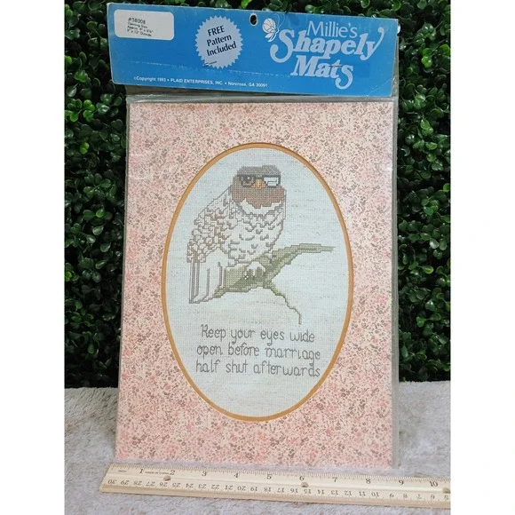 Vintage 1983 Millie's Shapely Mats‎ Plaid Owl Cross Stitch Floral Mat 58008