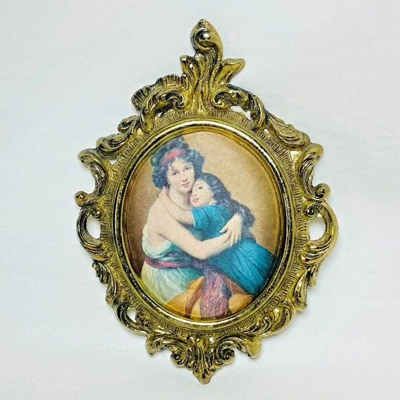 Vintage Mother and‎ Daughter on Silk Padded in Bronze Brass Wall Hanging Frame