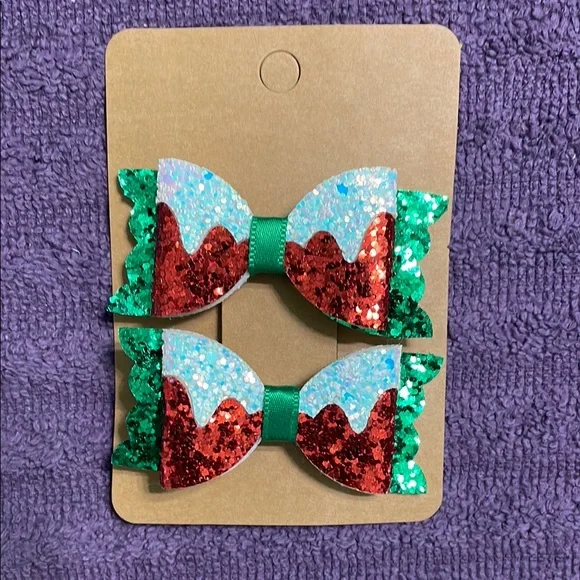 Glittery Red and Green Hair Bows