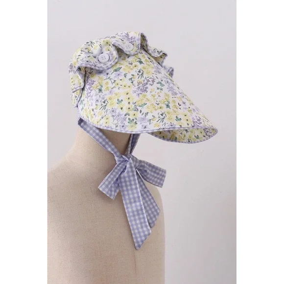 Golden Meadow Floral Ruffle Bow Bonnet Sun Infant Small Wide Brim Blue Yellow