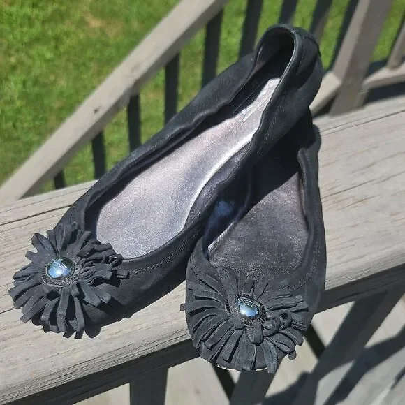 Coach Ariza Black Suede Flats Size 7 Flower Rosette Ballet Shoes