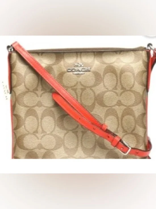 Coach Signature Khaki/Brown Crossbody with orange Trim.Coated Canvas like NEW